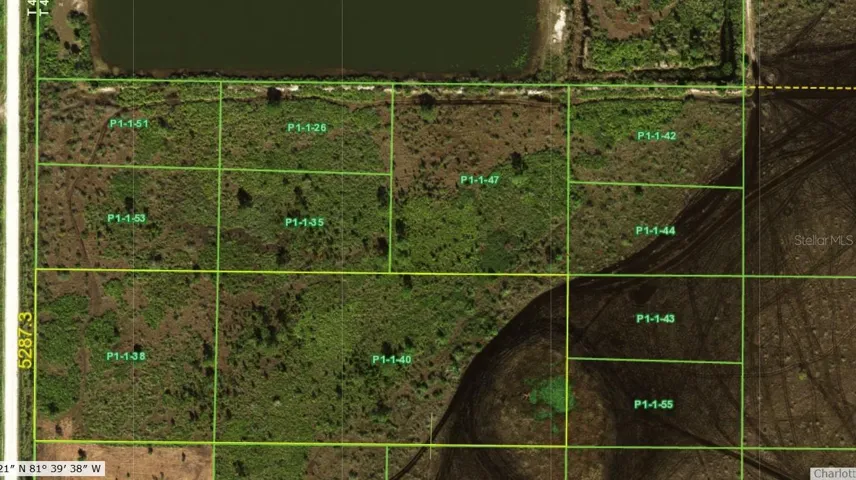 The 7.5 acres is a 990 ft east to west property outlined in a light yellow border.  Parcels P1-1-38 and P1-1-40.