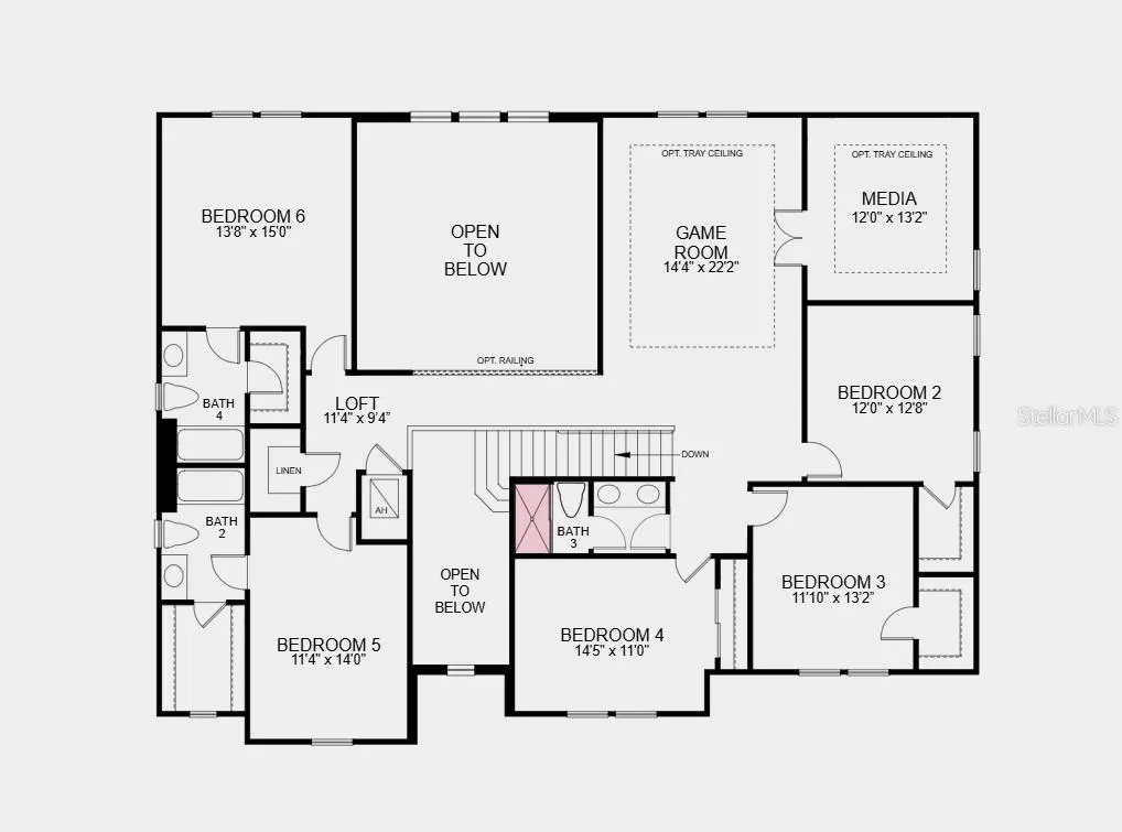 Second Floor Plan - Additional Highlights Include: Study in place of flex, extended lanai, downstairs full bathroom, shower at upstairs bath 3, tray ceiling package, 8' interior doors, and sink at laundry