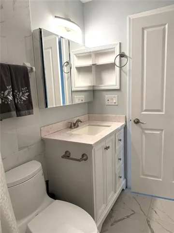 Guest Bathroom with custom shelving and mirrored medicine cabinet.