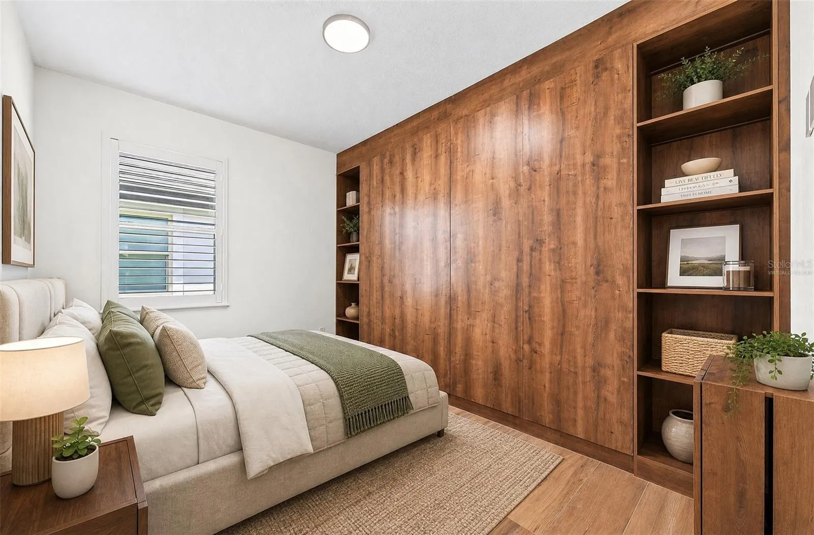 3rd Bedroom with custom cabinet and storage Virtually staged.