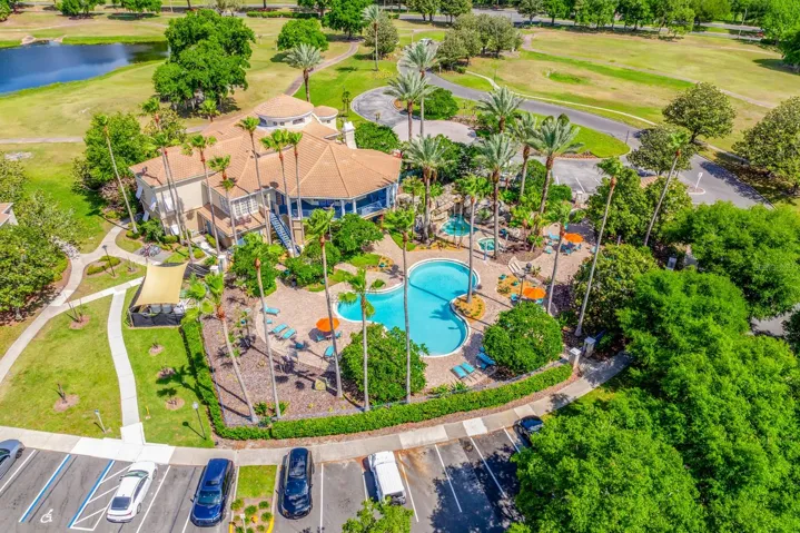Aerial view of the clubhouse and pool.