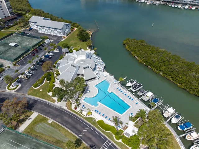 Aerial view of the 1st clubhouse, pool and tennis court areas ~