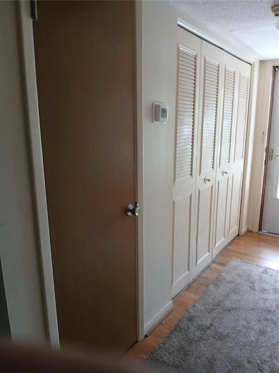 Closet door houses the water heater with 2 shelves above.
