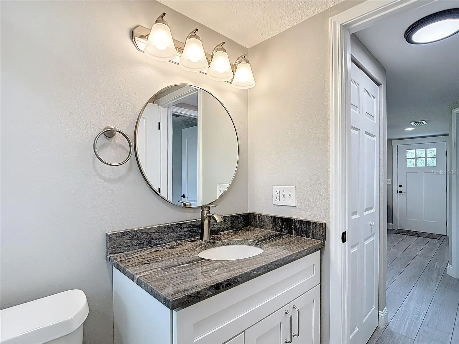 Solid stone vanity top with solid wod cabinet!