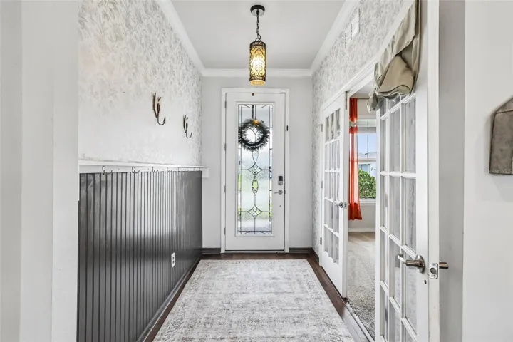 Foyer with Office French doors on right of view