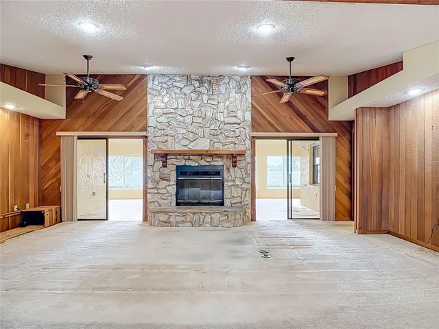 Stone wood burning fireplace in the Great Room.