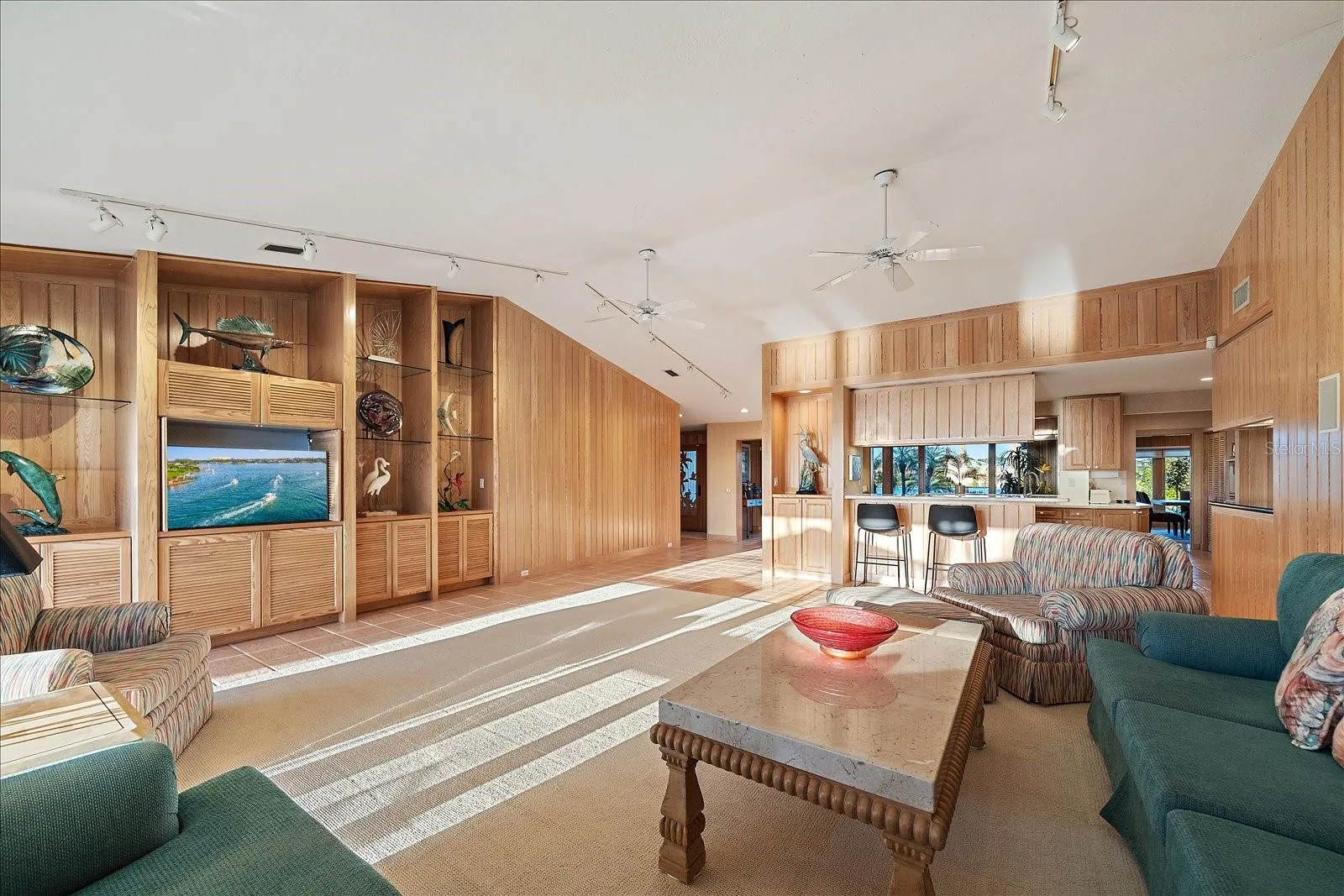 LIVING ROOM - another view facing toward the kitchen - 12 foot ceilings, and CYPRESS walls!