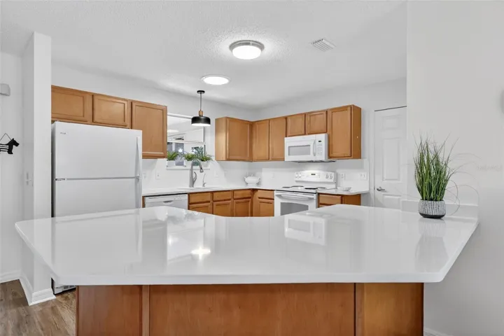 Kitchen with NEW QUARTZ countertops and full backsplash!