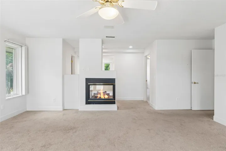 Primary bedroom with fireplace, private bath access, and spacious walk-in closet.
