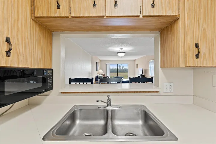 Kitchen pass-through window overlooking dining and living area — open-concept layout