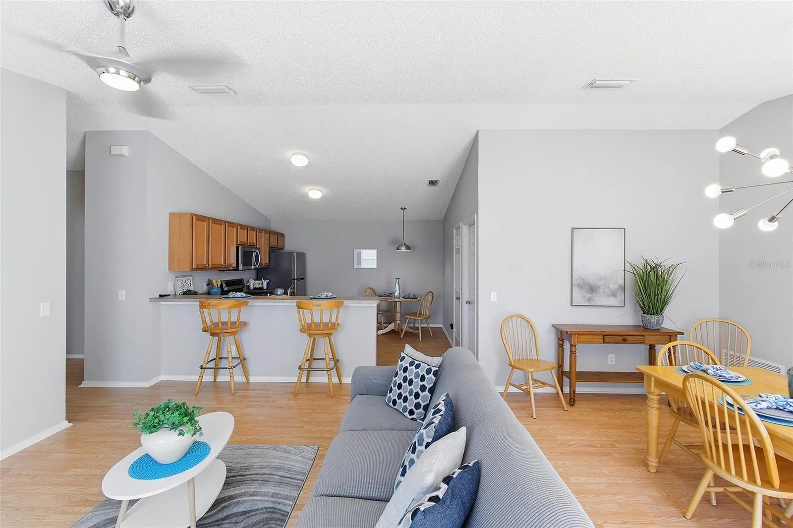 living room into kitchen
