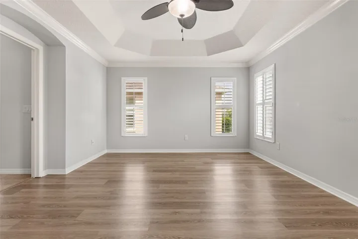 Primary bedroom with tray ceiling.