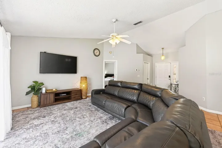 Open concept with high ceilings.