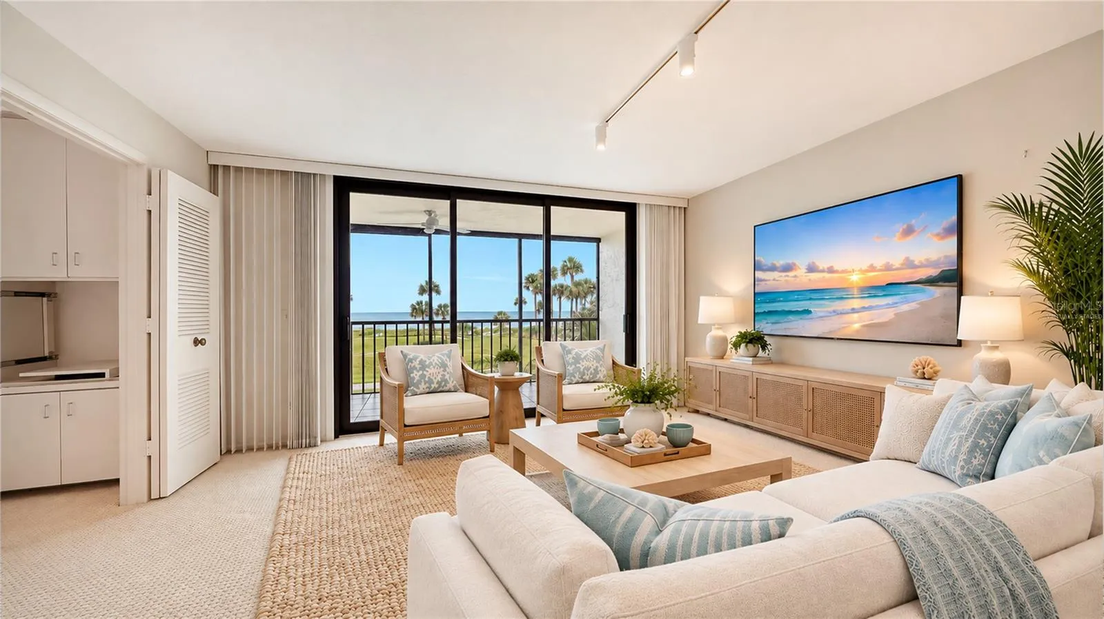 Virtually staged for the living room.