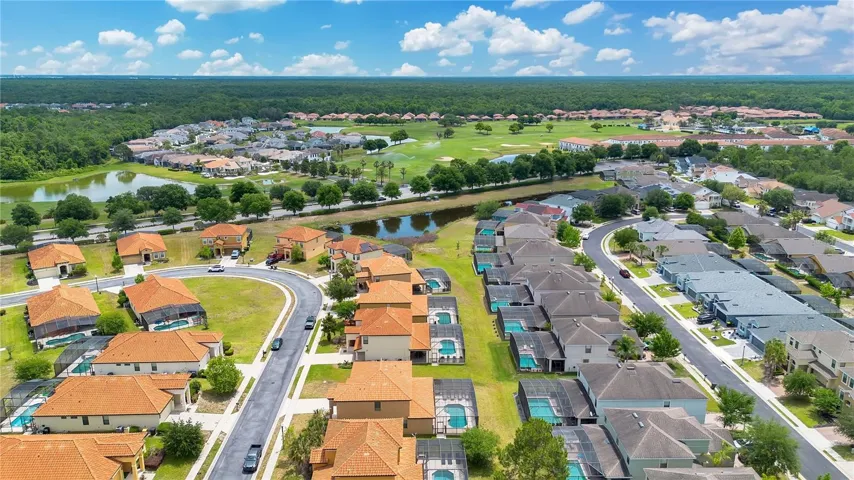 Aerial view of neighborhood with proximity to Central Florida attractions.