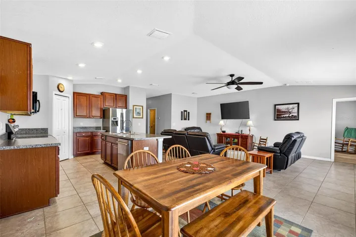 Dining room, kitchen and living areas