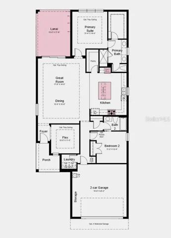 First Floor Plan - Additional Highlights Include: gourmet kitchen, tray ceiling package, extended covered lanai with an outdoor kitchen rough-in, 4' garage extension, and a sage green kitchen island