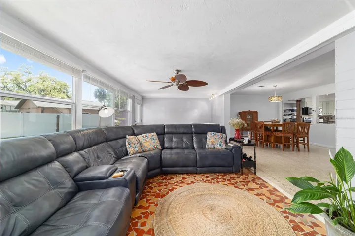 Family Room with Broken Mosaic Tile and Newer Windows