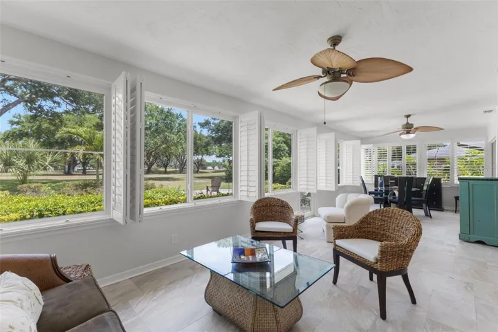 BACK PORCH WITH GORGEOUS VIEW OF FAIRWAY AND LOTS OF SITTING AREAS