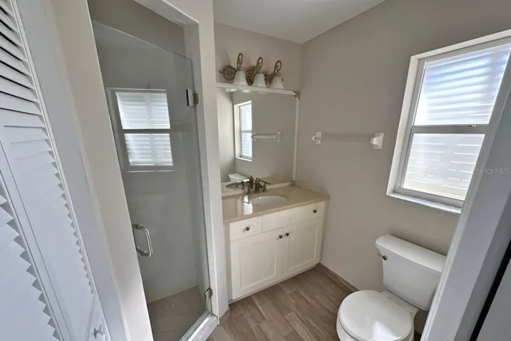 primary en suite with step in shower, framless glass door