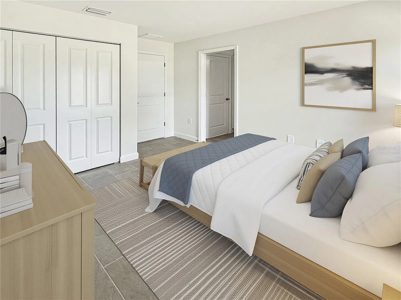Virtually staged bedroom 2 with suite-like access to bathroom 2 for privacy