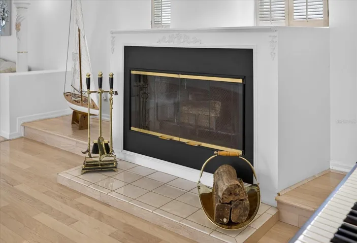 Upper level close up of wood fireplace