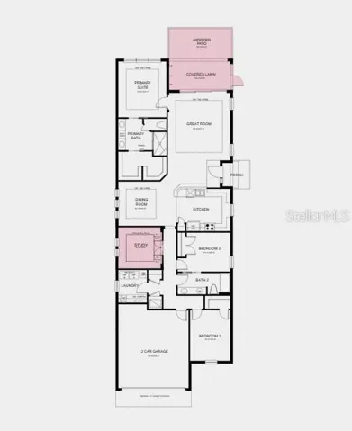 Floor Plan - Additional Highlights Include: study in place of a flex room, extended screened patio, 8' interior doors, 4' extended garage, and second sink in the secondary bath.