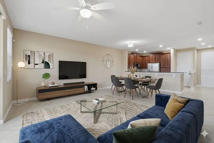 Virtually staged Great Room and Dining photo