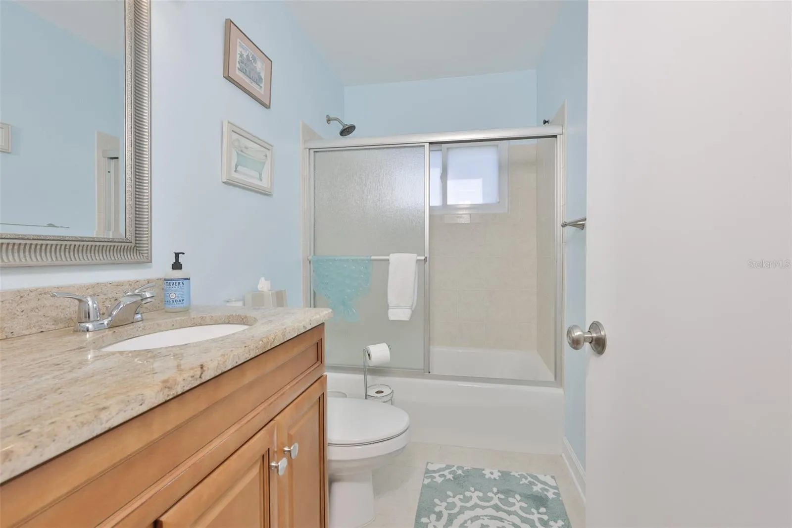 Primary Bath, Wood High Top Vanity &amp; Exquisite Granite Countertop, Updated Mirror &amp; Fixtures, Tub/Shower