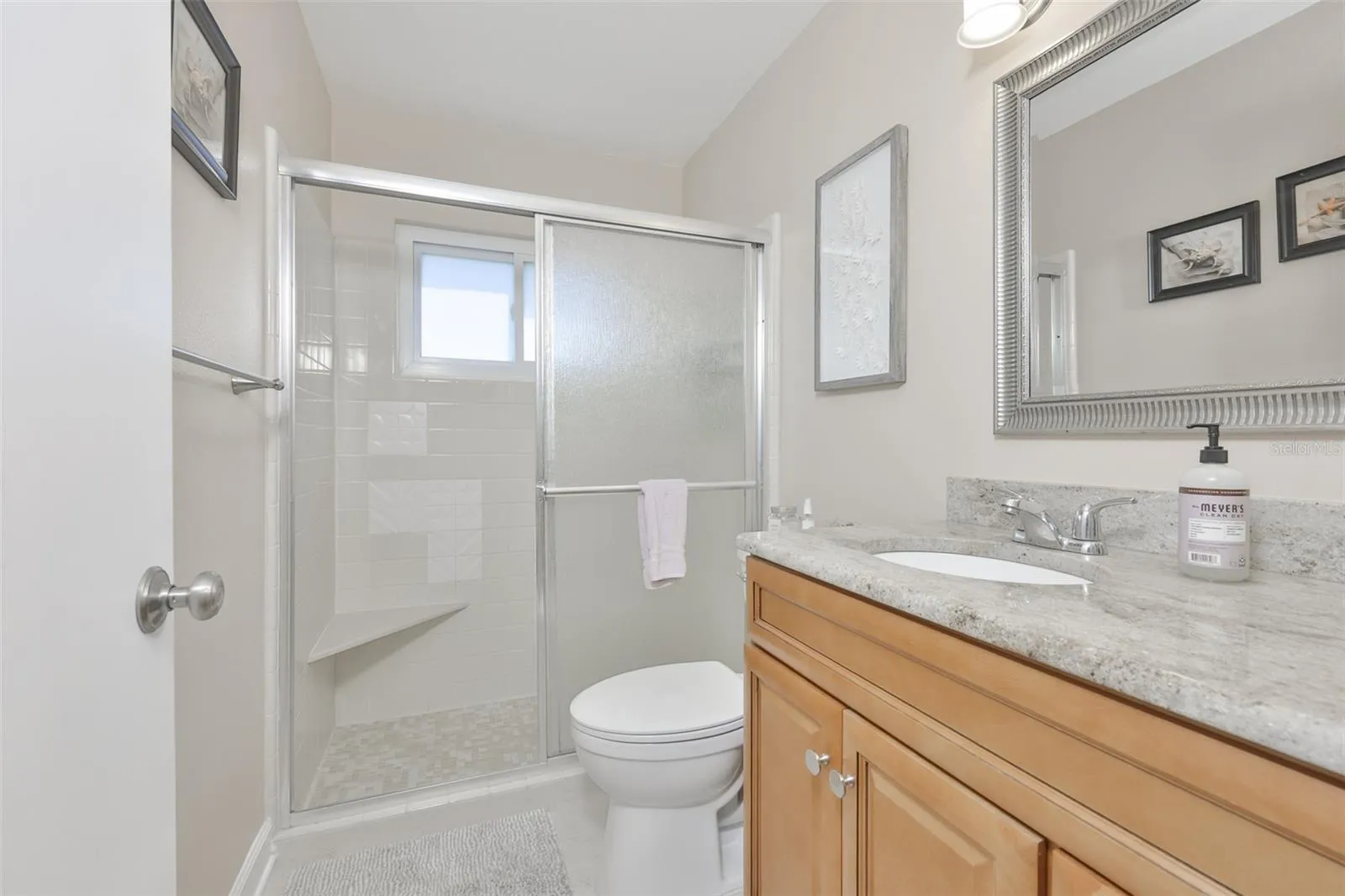 Guest Hall Bath, Wood High-Top Vanity &amp; Exquisite Granite Countertop, Updated Mirror &amp; Fixtures, Walk In Shower