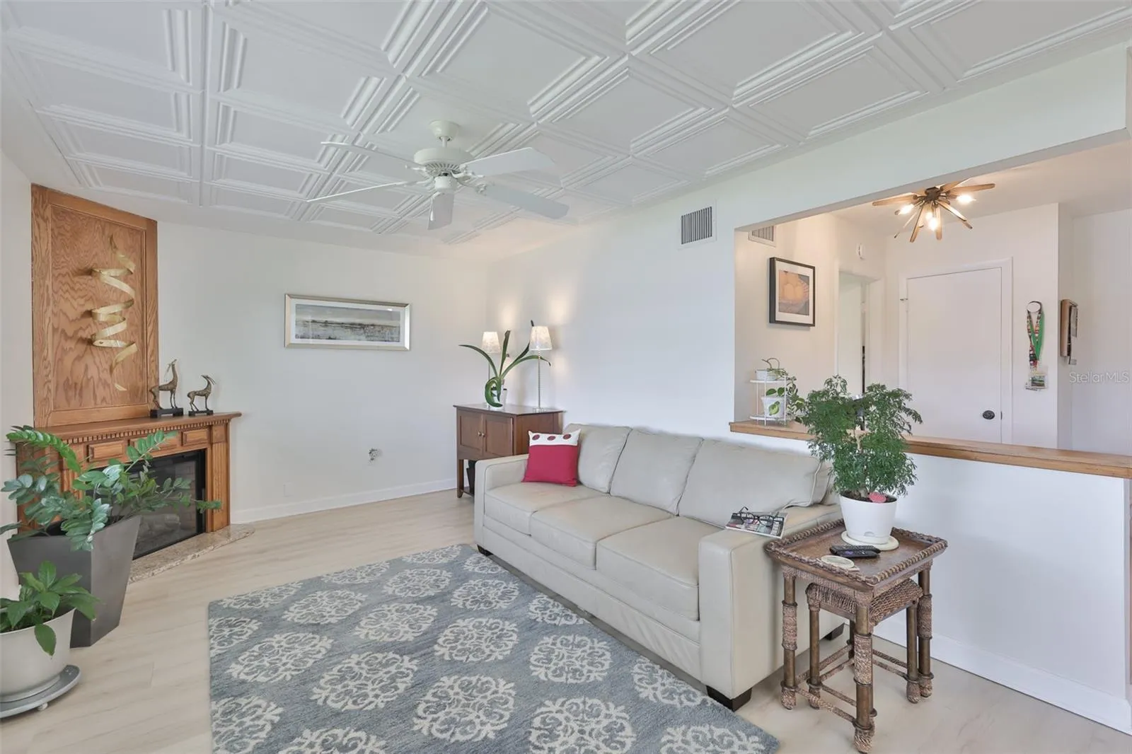 Great Room Off of Kitchen, Classic elegance Coffered Ceiling &amp; Electric Fireplace