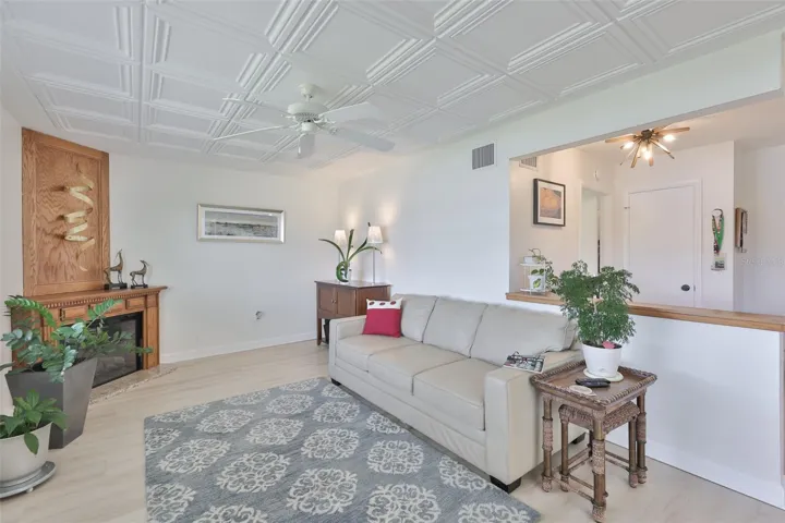 Great Room Off of Kitchen, Classic elegance Coffered Ceiling & Electric Fireplace