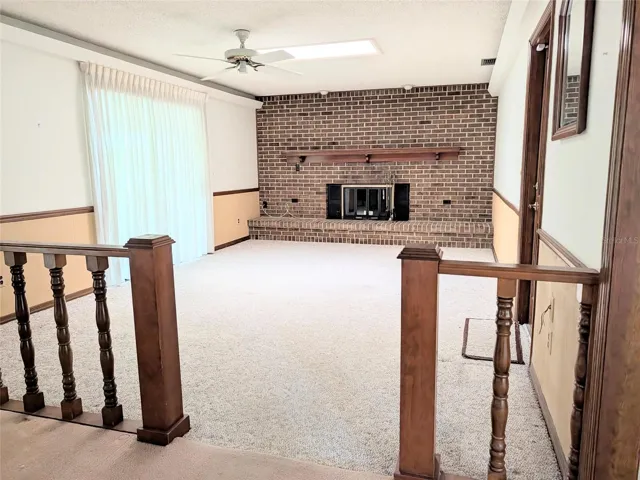 family room, wood burning fireplace,