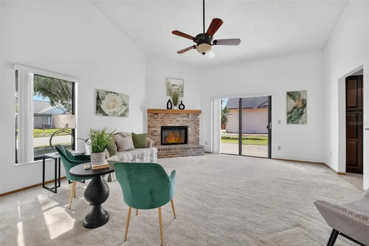 Family Room with wood-burning fireplace