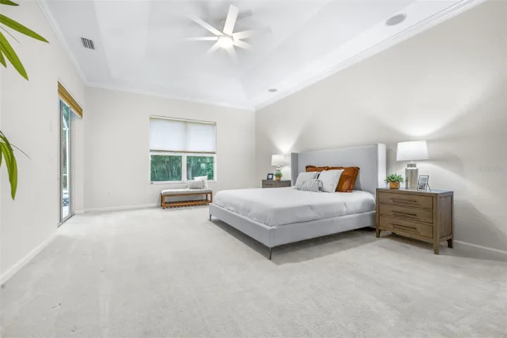 Primary bedroom with conservation view and pool access