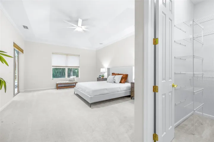 Private primary suite featuring tray ceilings and serene conservation views