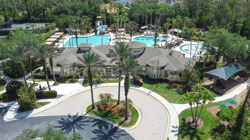 Aerial view of the impressive Seven Oaks clubhouse and resort-style amenities