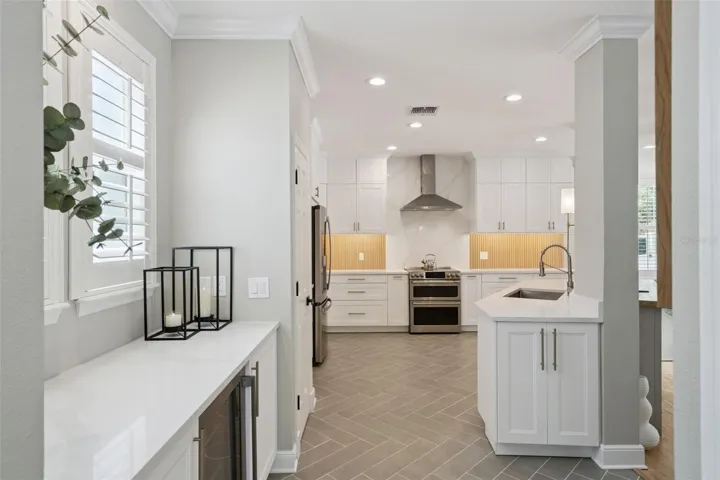 Beverage refrigerator and buffet space.