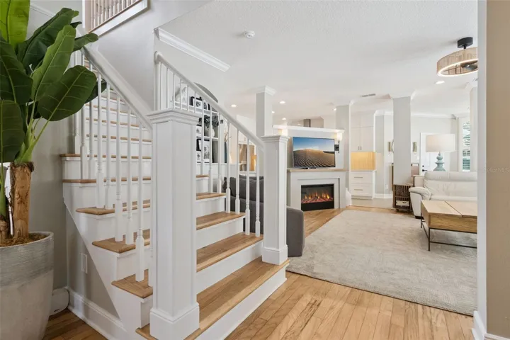 Stairway with wood floors.