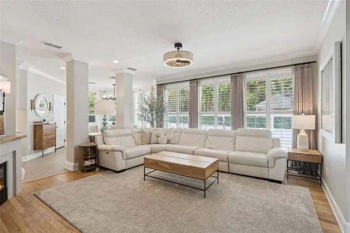 Family room with dining area in background.