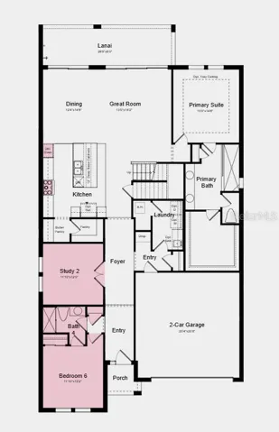 First Floor Plan - Additional Highlights Include: main floor guest bedroom with a full bathroom, a study in place of a flex room, gourmet kitchen, outdoor kitchen rough-in, a shower in bathroom 2 upstairs, tray ceiling package, impact windows throughout the whole house, and a pocket sliding glass door at the great room