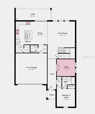 First Floor Plan - Additional Highlights Include: gourmet kitchen, dedicated study in place of flex room, sliding glass door in the great room, tray ceiling package, deluxe primary bath with shower and garden tub, outdoor kitchen rough-in, cushion close doors and drawers in kitchen, upgraded quartz countertops, 8' interior doors, impact windows, additional lighting throughout, and pre-plumb for a laundry tub