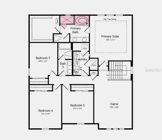Second Floor Plan - Additional Highlights Include: gourmet kitchen, dedicated study in place of flex room, sliding glass door in the great room, tray ceiling package, deluxe primary bath with shower and garden tub, outdoor kitchen rough-in, cushion close doors and drawers in kitchen, upgraded quartz countertops, 8' interior doors, impact windows, additional lighting throughout, and pre-plumb for a laundry tub
