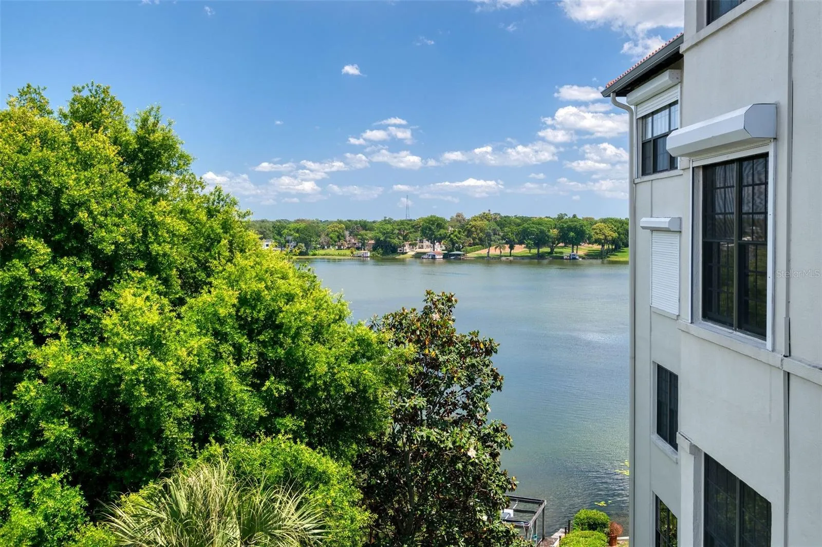 A lush canopy of vibrant green frames tranquil Lake Osceola waters that stretch toward a picturesque shoreline dotted with charming homes