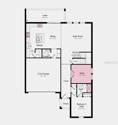 First Floor Plan - Additional Highlights Include: gourmet kitchen, tray ceiling package, game room, interior 8' door package whole house, impact windows, dedicated study in place of a flex area, sliding glass door in the great room, pre-plumb for laundry tub, upgraded laminate flooring, upgraded carpet on second floor, impact windows throughout, kitchen apron front sink, pendant light package, additional flush mount lighting, upgraded quartz countertops, upgraded Timberlake 42” kitchen cabinets, and whole house stair rails with painted spindles