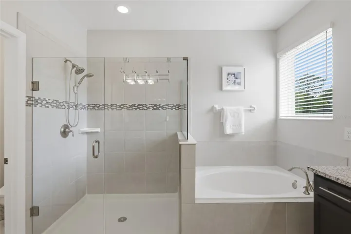 Glass enclosed shower and separate sunken tub