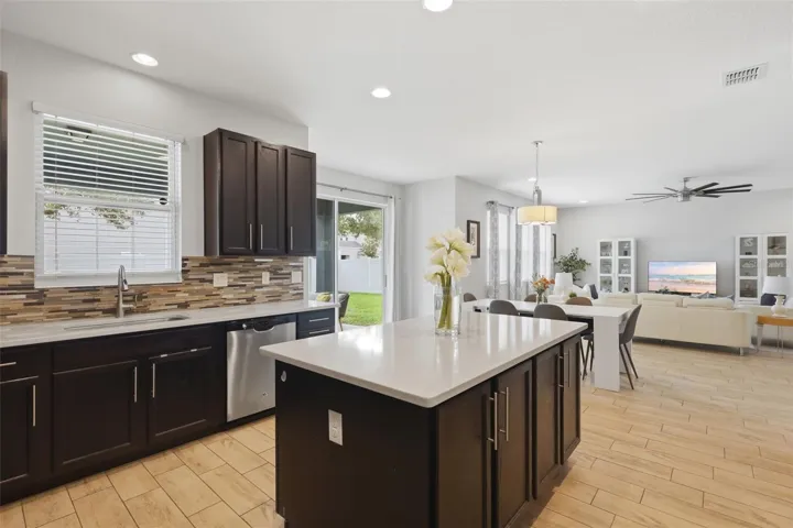 Kitchen open to dining area and living room