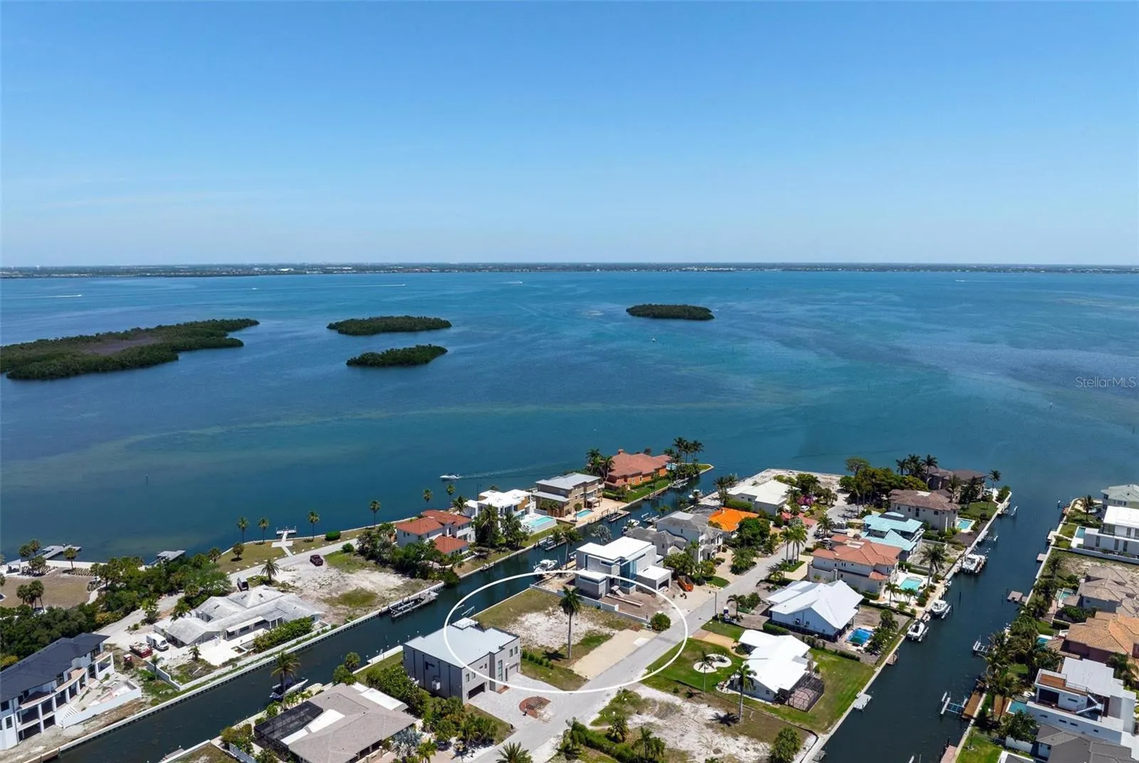Drone view looking northeast across Sarasota Bay to downtown Sarasota.