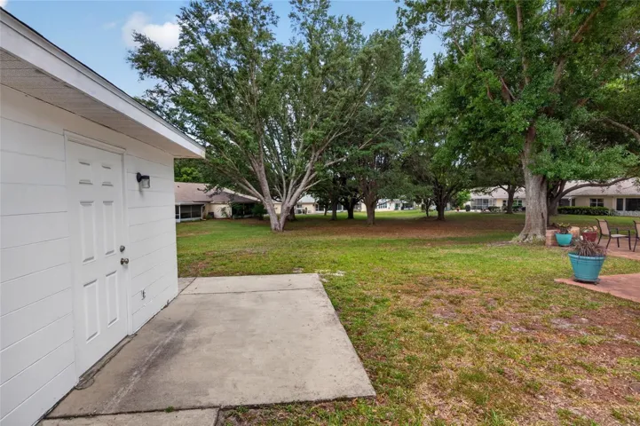 View of the back patio and treed nieghborhood green space.