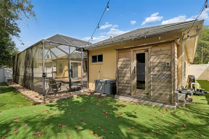 An extra bonus...the sauna stays!!! (Gray cold plunge pool does not)...Current owners have 3-car tandem garage set up as a gym and finishes off their workouts with some quiet time in the sauna.